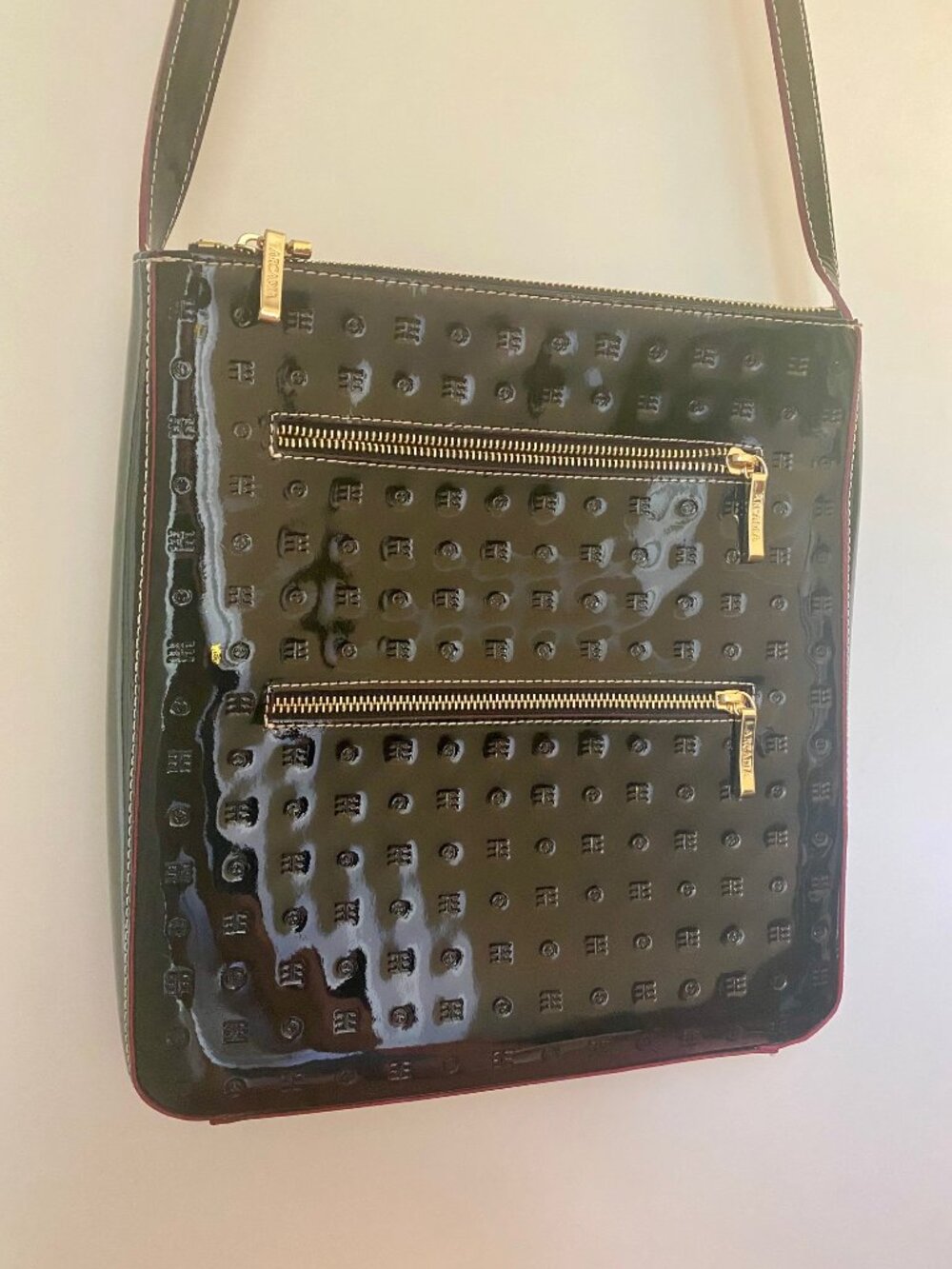 Arcadia Patent Leather Crossbody Bag Black Tan Strap Adjustable Made In Italy